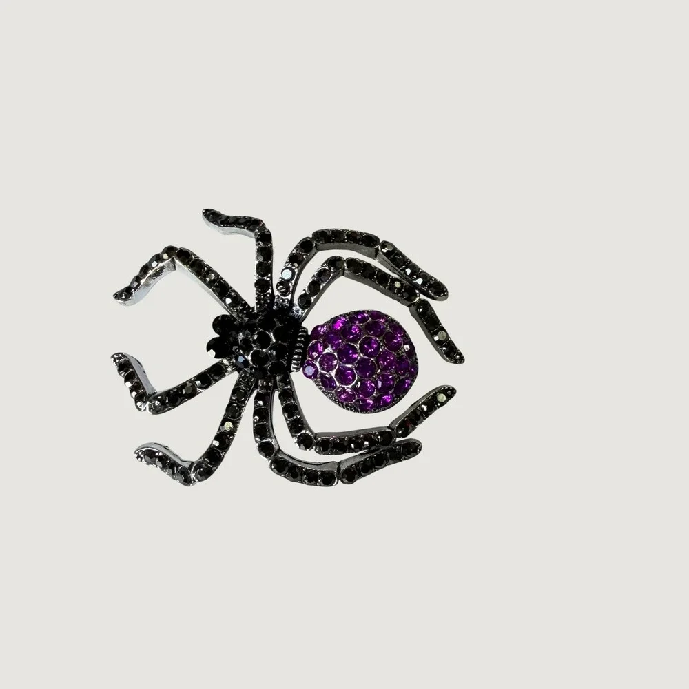 Purple and Black Rhinestone Spider Brooch Silver Tone Gothic Halloween Pin
